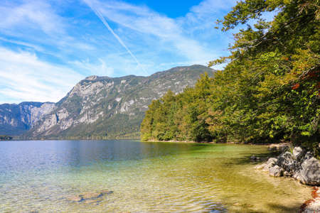 Bohinj lake shore with mountain views in Sloveniaの写真素材