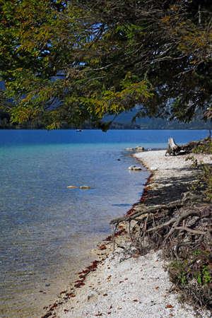 Shore of a mountain lake with turquoise waterの写真素材