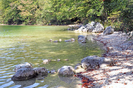 Beautiful Slovenian landscape Bohinj Lake, with turquoise waterの写真素材