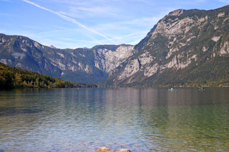Beautiful crystal clear water on lake Bohinj, Sloveniaの写真素材