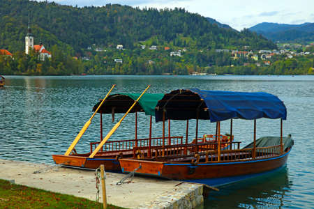 Bled Slovenia, September 30, 2019: pleasure boats for touristsのeditorial素材