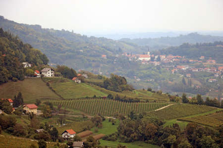 Top view of the vineyard valleys and the countryside in the mountainsの写真素材