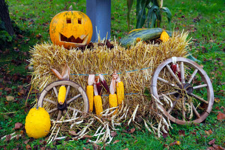 Fragment of a wagon with a pumpkin. Halloweenの写真素材