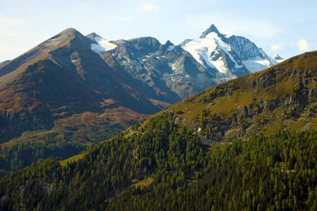 Great views to the peaks, valleys of the Austrian Alps. Charming and beautiful scene with meadowsの写真素材