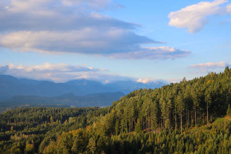 Great views to the peaks, valleys of the Austrian Alps. Charming and beautiful scene with meadowsの写真素材