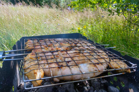 Cooking meat and sausages on a wire rack over the grillの写真素材