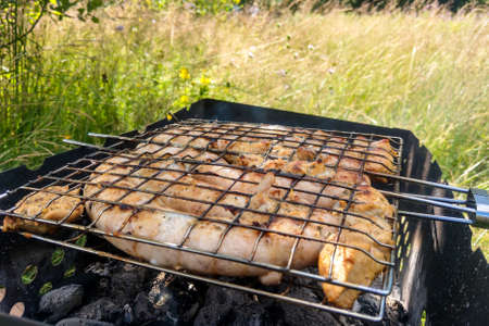Sausage and pieces of meat are baked on the wire rackの写真素材
