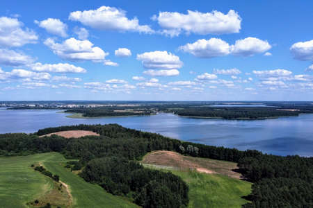 Aerial view of a beautiful lake in the countrysideの写真素材