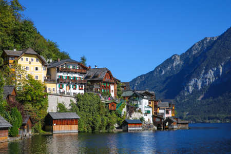 Hallstatt, Austria - September 16, 2019: View of famous Hallstatt, UNESCO mountain village in the Austrian Alpsのeditorial素材