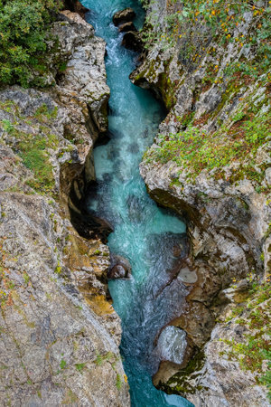 Top view of the gorge in the mountain with cold waterの写真素材