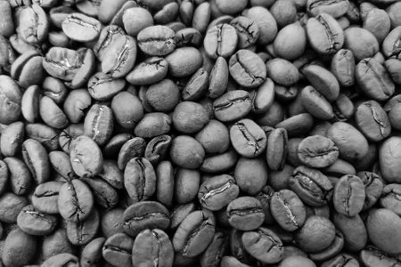 The texture of aromatic coffee beans. View from above. Black and white photoの写真素材