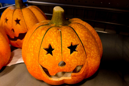 Close-up on a bright pumpkin for Halloweenの写真素材