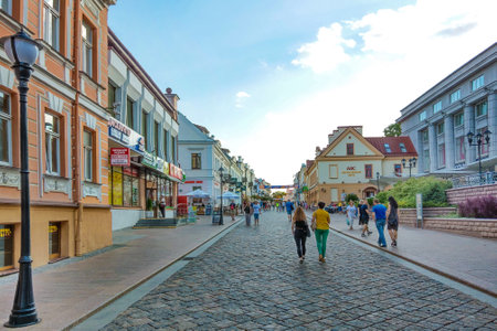 Grodno, Belarus, May 10, 2019: pedestrian street in the old part of the cityのeditorial素材