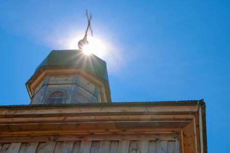 Bottom view of the dome of the old church against the skyの写真素材