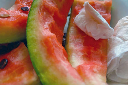 Skins and seeds from a delicious watermelonの写真素材