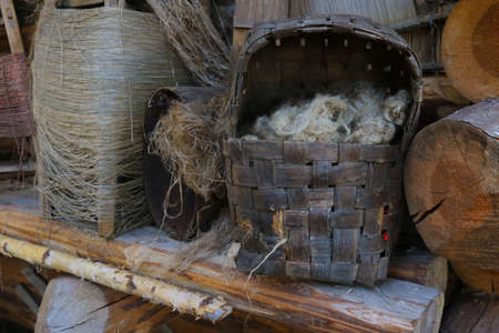 View of an old basket with wool for yarn threadsの写真素材