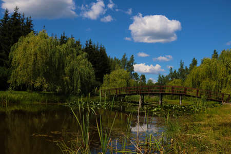 Nice view of a small lake with a wooden bridgeの写真素材