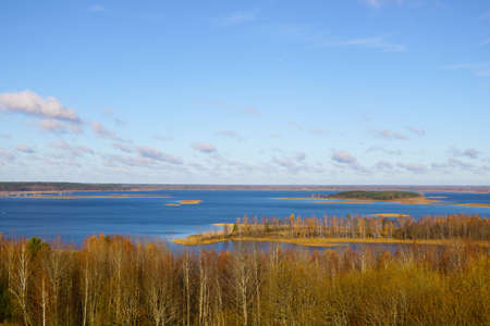 Photo from a drone on the lake in autumnの写真素材