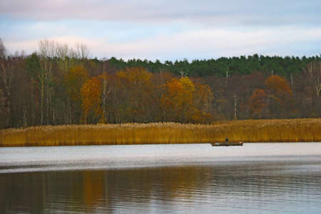 Out of focus, blurry background. Autumn morning on the shore of the lakeの写真素材