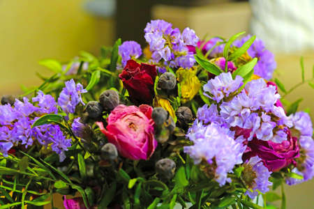 Selective focus. Dried bouquet of flowers in a vaseの写真素材