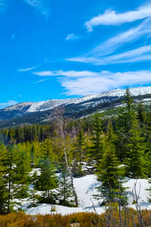 Picturesque view of the snow-capped peaks of the mountainの写真素材