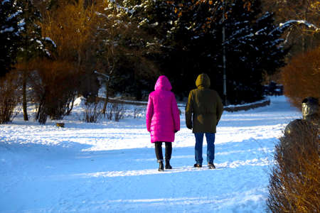Seniors stroll through the park in winterの写真素材