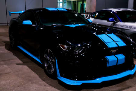 Wroclaw, Poland, August 20, 2021: the front of the car Ford Mustang.のeditorial素材