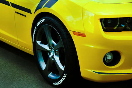 Wroclaw, Poland, August 14, 2021: bright yellow front of the Camaro carのeditorial素材