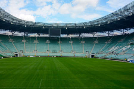 Wroclaw, Poland, June 15, 2021: modern beautiful empty stadium. Cancellation of sports events due to the spread of coronavirusのeditorial素材
