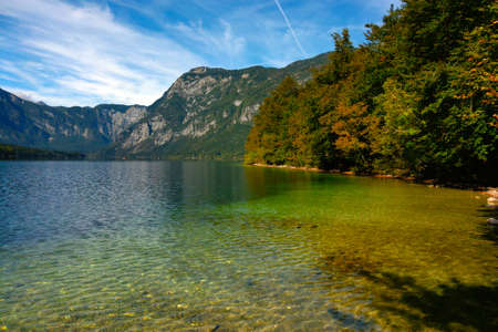 Picturesque mountain lake on a sunny autumn dayの写真素材