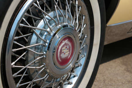 Wroclaw, Poland, June 15, 2021: close-up on the wheel of an old Cadillac