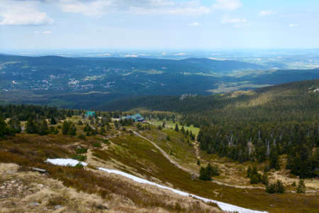 View from a height of a mountain forest valleyの写真素材