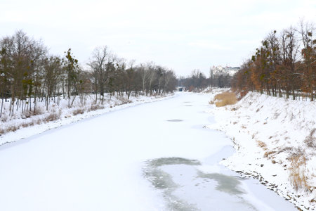 A freezing river on a cold winter dayの写真素材