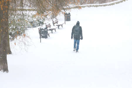 A man walks through the park on a snowy day. Out of focus, blurred backgroundの写真素材