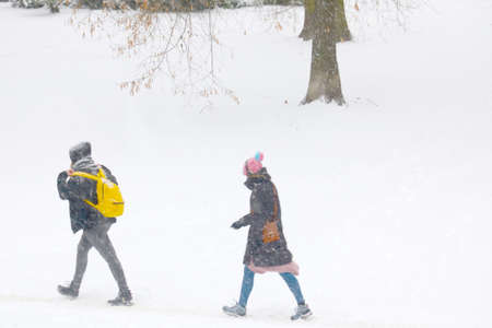 Out of focus. blurred background. People walk down the street on a snowy day. Bad weather. Severe frost and snowfallの写真素材