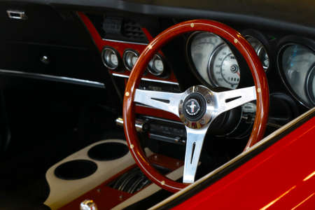 Wroclaw, Poland, August 15, 2021: beautiful steering wheel and interior of an old Ford Mustangのeditorial素材