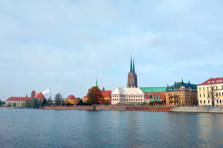 Wroclaw, Poland, October 15, 2021: picturesque view of the old part of the city from the Odra riverのeditorial素材