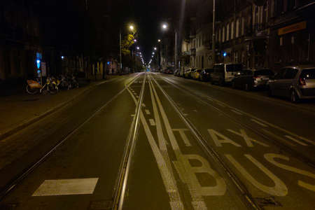 Wroclaw, Poland, October 15, 2021: Empty night street road in Wroclawのeditorial素材