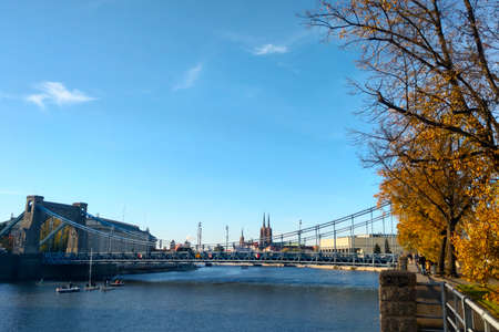 Wroclaw, Poland, October 15, 2021: beautiful old bridge over the Odra river in Wroclawのeditorial素材