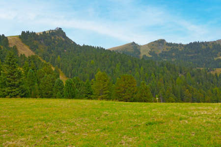 Beautiful green mountains in spring against the blue skyの写真素材