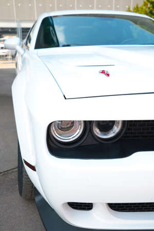 Wroclaw, Poland, August 22, 2021 Dodge Challenger white muscle carのeditorial素材