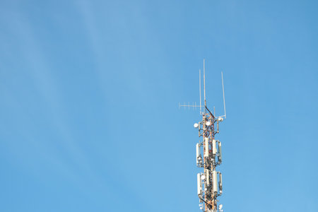 Telecommunication equipment against the blue sky. Modern technologies, 5g, communication