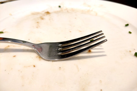Close-up of a fork and a dirty plate after eatingの写真素材