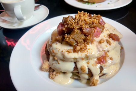 Close-up on pancakes with condensed milk. Delicious and healthy breakfast