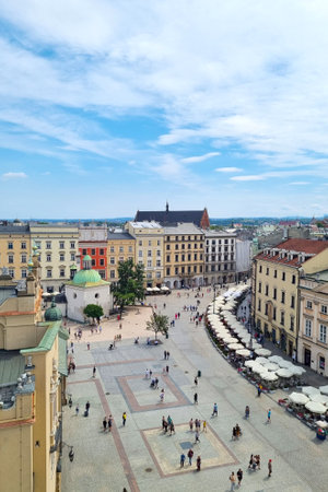Krakow, Poland, August 16, 2022: top view of Krakow market square. The main and famous place. Tourist attractions.のeditorial素材
