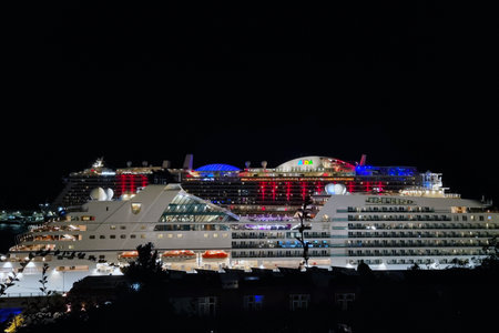 Madeira, Portugal, 27 November 2022: Beautiful big bright tourist ship in the evening in the port.のeditorial素材