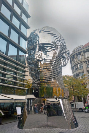 Prague, Czech Republic, October 15, 2022: Franz Kafkas head is a sculpture in the form of the head of the German-speaking writer Franz Kafka by David Czerny, a work of kinetic art.のeditorial素材