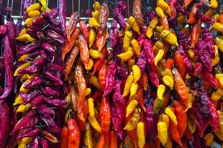 Dried peppers on the market. Sale of vegetables and fruits.