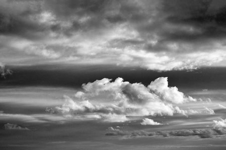 Black and white photo. Dark sky before a thunderstorm