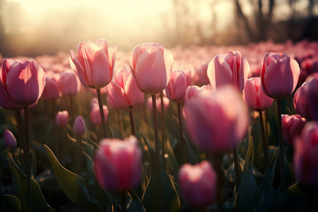 Beautiful pink tulips on a blurred background. Spring background. Blooming tulips. Generative AIの素材